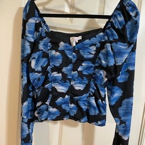 Parker Raine Blue Black Floral Long Sleeve Top M